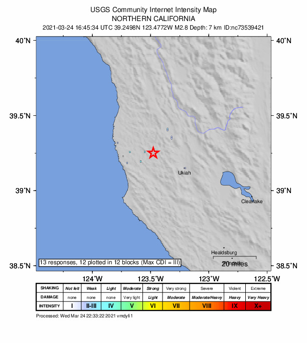 USGS DYFI community-reported intensity map for the M2.8 earthquake near 21km SSW of Willits, CA