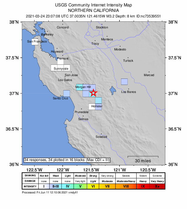 USGS DYFI community-reported intensity map for the M3.2 earthquake near 10km E of Gilroy, CA