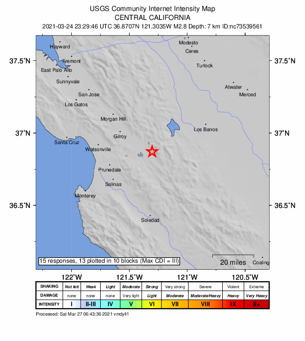 USGS DYFI community-reported intensity map for the M2.8 earthquake near 8km NE of Ridgemark, CA