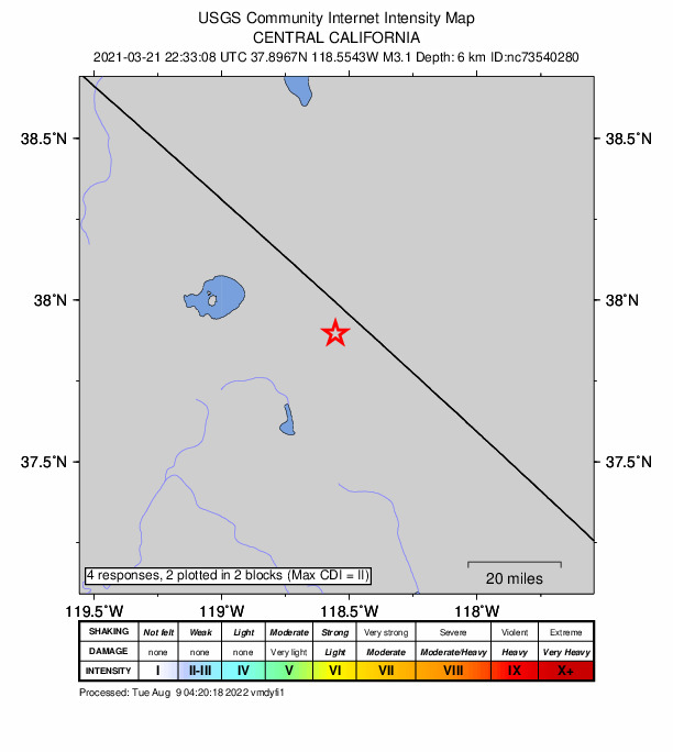 USGS DYFI community-reported intensity map for the M3.1 earthquake near 39km NNE of Toms Place, CA