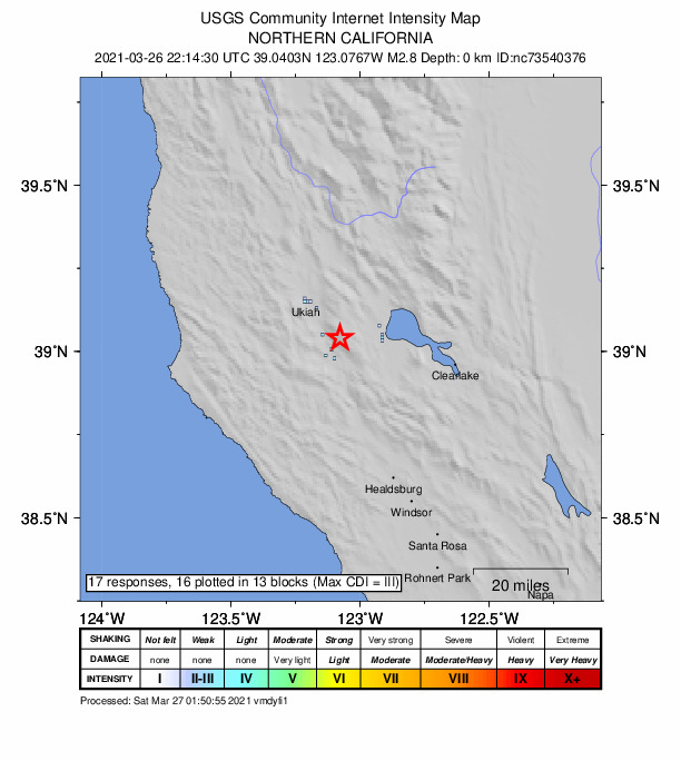 USGS DYFI community-reported intensity map for the M2.8 earthquake near 13km SE of Talmage, CA