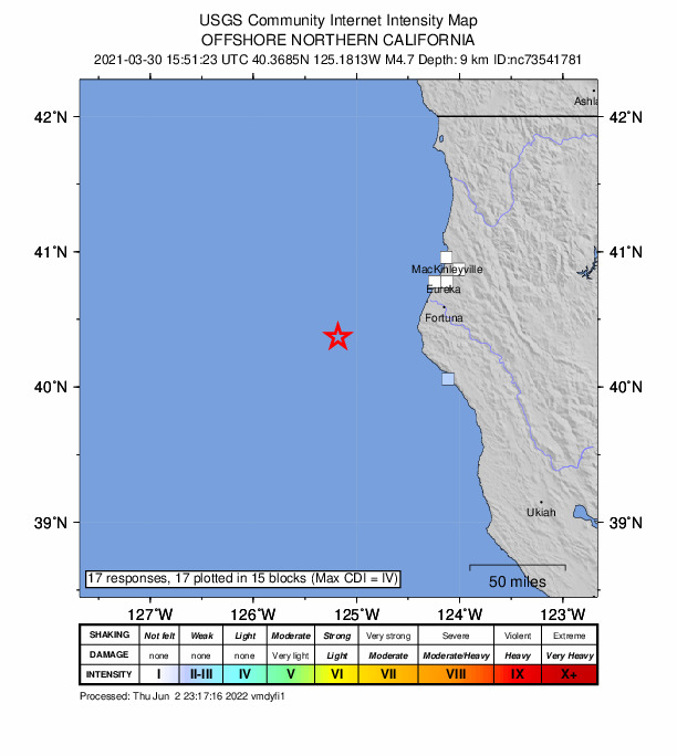 USGS DYFI community-reported intensity map for the M4.7 earthquake near 76km W of Petrolia, CA