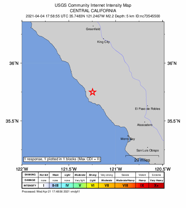USGS DYFI community-reported intensity map for the M2.2 earthquake near 13km NNW of San Simeon, CA