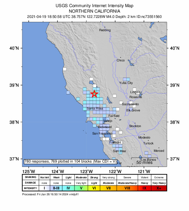 USGS DYFI community-reported intensity map for the M4.0 earthquake near 3km SW of Anderson Springs, CA