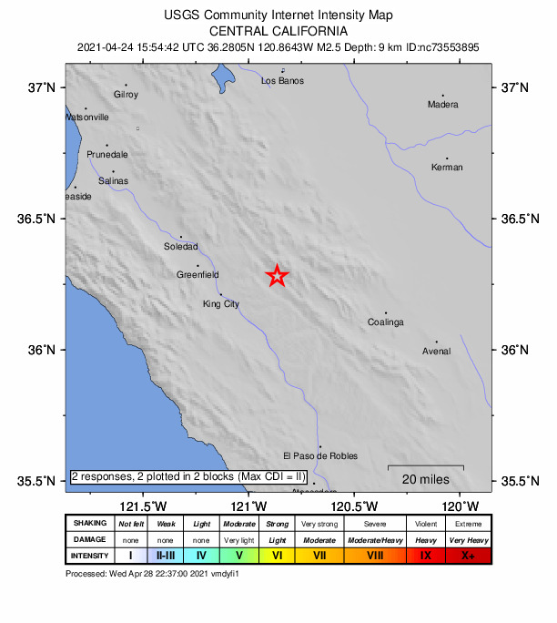 USGS DYFI community-reported intensity map for the M2.5 earthquake near 22km NE of San Lucas, CA
