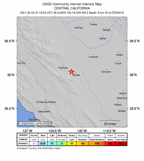 USGS DYFI community-reported intensity map for the M2.5 earthquake near 7km NW of Avenal, CA