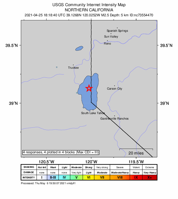 USGS DYFI community-reported intensity map for the M2.5 earthquake near 9km SE of Dollar Point, CA