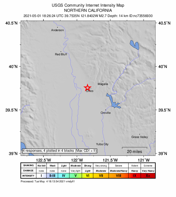 USGS DYFI community-reported intensity map for the M2.7 earthquake near 2km NNW of Chico, CA