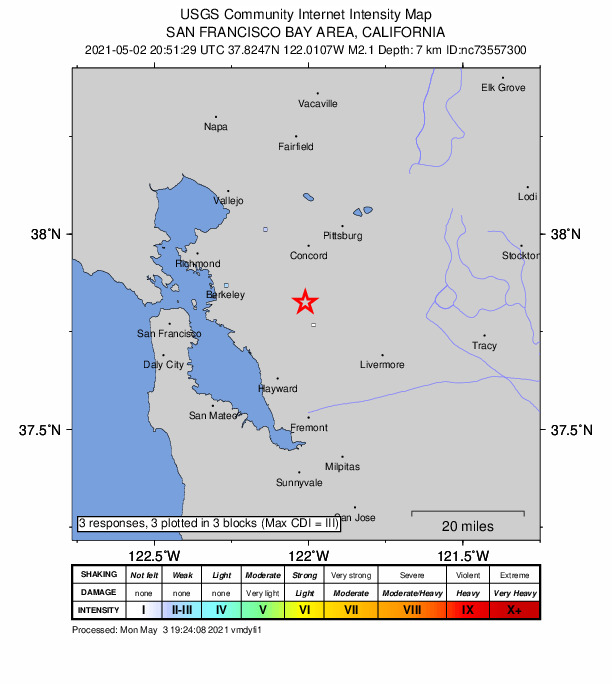 USGS DYFI community-reported intensity map for the M2.1 earthquake near 1km WNW of Danville, CA