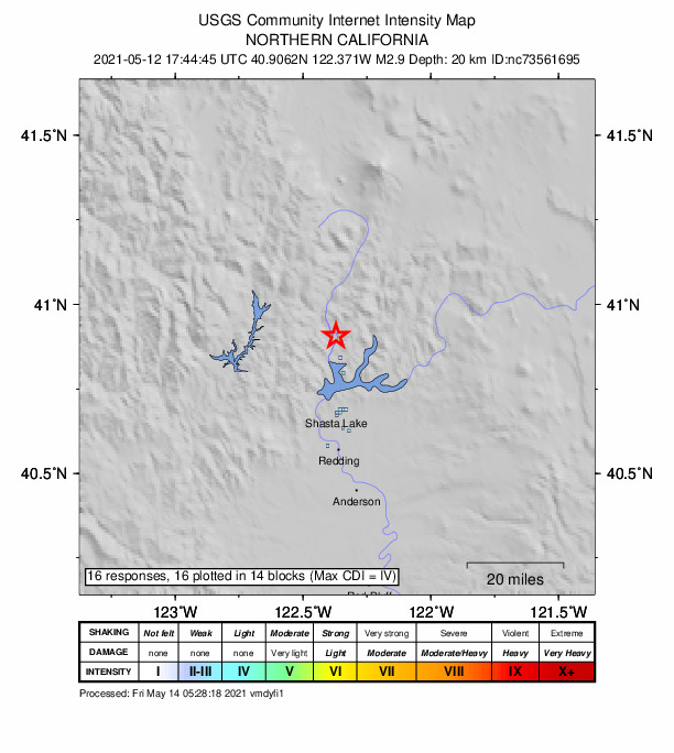USGS DYFI community-reported intensity map for the M2.9 earthquake near 25km N of Shasta Lake, CA