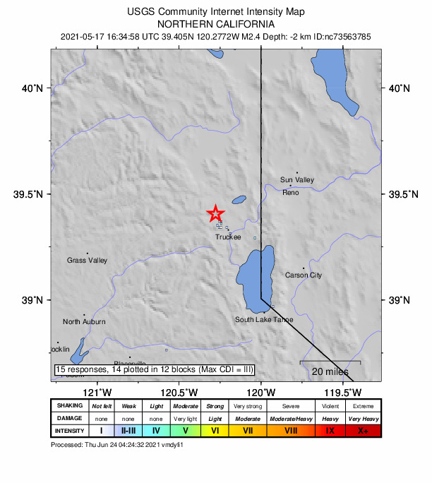 USGS DYFI community-reported intensity map for the M2.4 earthquake near 12km NW of Truckee, CA