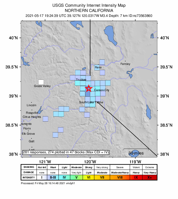 USGS DYFI community-reported intensity map for the M3.4 earthquake near 9km SE of Dollar Point, CA