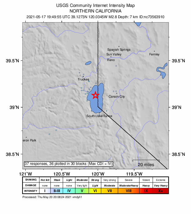 USGS DYFI community-reported intensity map for the M2.8 earthquake near 9km SE of Dollar Point, CA