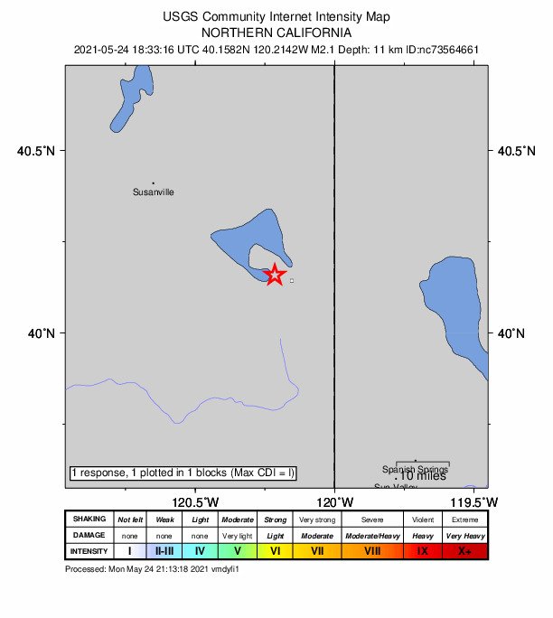 USGS DYFI community-reported intensity map for the M2.1 earthquake near 14km SE of Honey Lake, CA