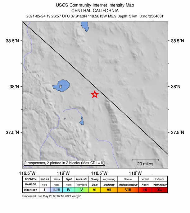 USGS DYFI community-reported intensity map for the M2.9 earthquake near 40km NNE of Toms Place, CA