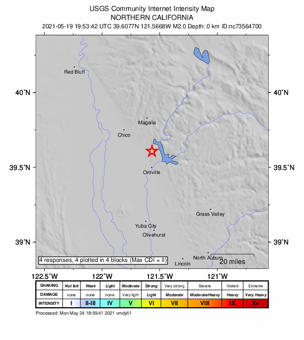 USGS DYFI community-reported intensity map for the M2.0 earthquake near 10km N of Oroville, CA