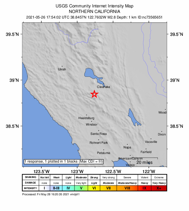 USGS DYFI community-reported intensity map for the M2.8 earthquake near 4km NW of Cobb, CA