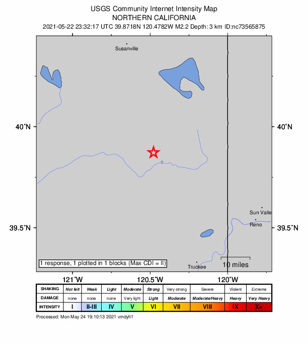 USGS DYFI community-reported intensity map for the M2.2 earthquake near 1km WNW of Lake Davis, CA
