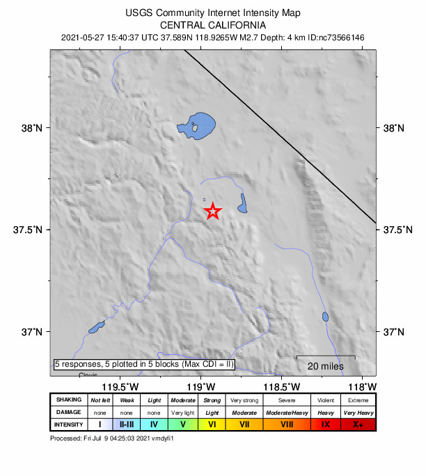 USGS DYFI community-reported intensity map for the M2.7 earthquake near 7km SE of Mammoth Lakes, CA