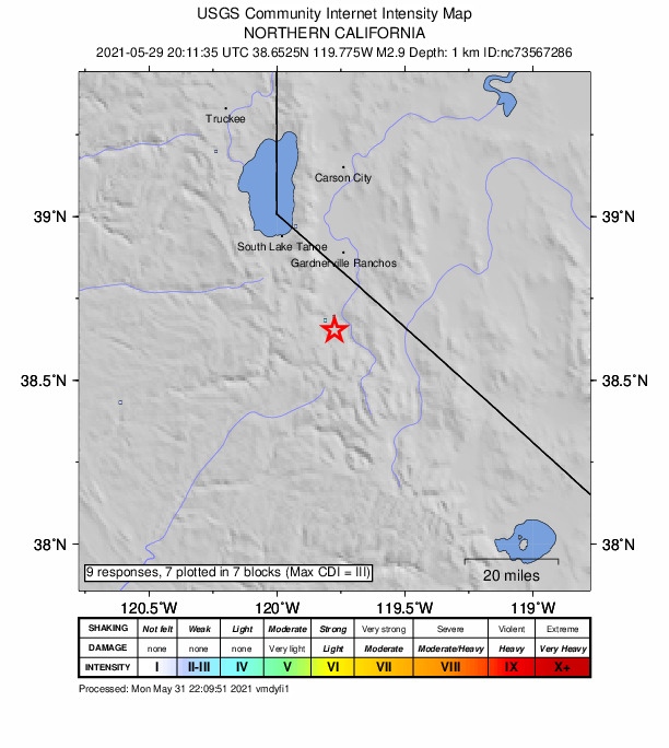 USGS DYFI community-reported intensity map for the M2.9 earthquake near 4km SSE of Markleeville, CA