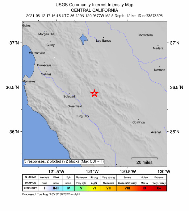 USGS DYFI community-reported intensity map for the M2.5 earthquake near 19km SE of Pinnacles, CA