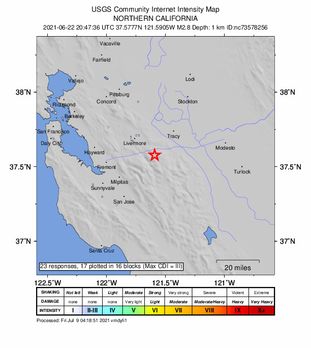 USGS DYFI community-reported intensity map for the M2.8 earthquake near 20km SE of Livermore, CA