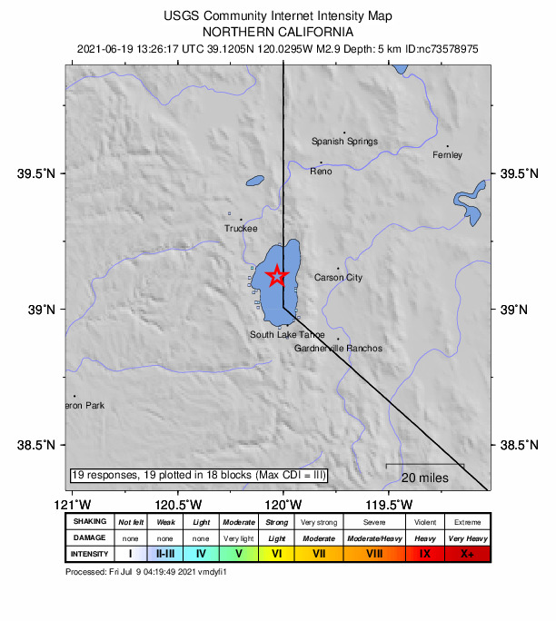 USGS DYFI community-reported intensity map for the M2.9 earthquake near 10km SE of Dollar Point, CA