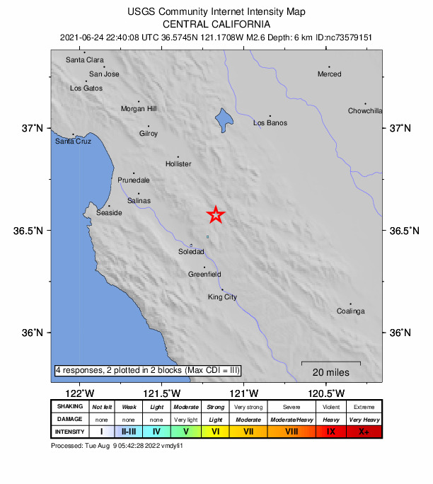 USGS DYFI community-reported intensity map for the M2.6 earthquake near 5km NNW of Pinnacles, CA