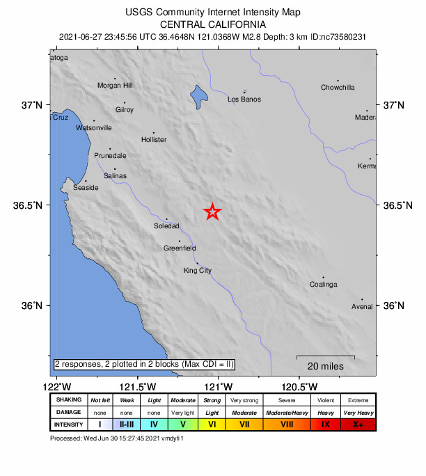 USGS DYFI community-reported intensity map for the M2.8 earthquake near 12km SE of Pinnacles, CA