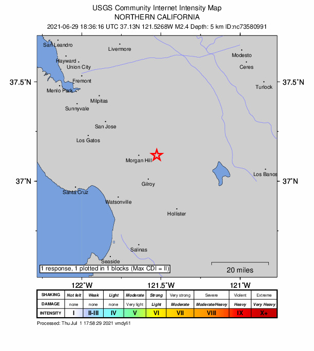 USGS DYFI community-reported intensity map for the M2.4 earthquake near 9km NE of San Martin, CA