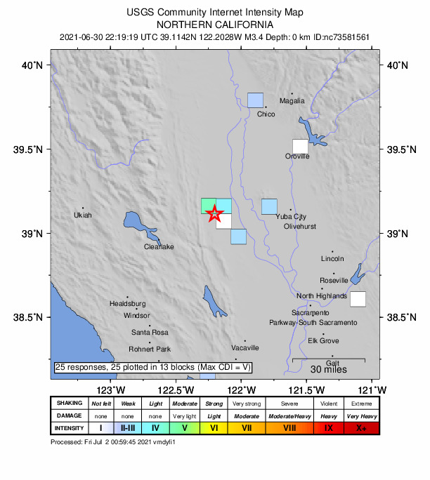 USGS DYFI community-reported intensity map for the M3.2 earthquake near 7km WSW of Williams, CA