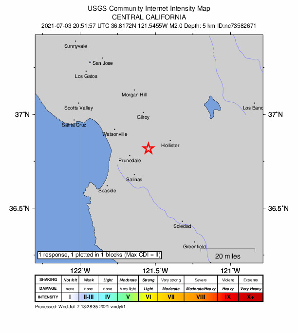USGS DYFI community-reported intensity map for the M2.0 earthquake near 3km SSW of San Juan Bautista, CA