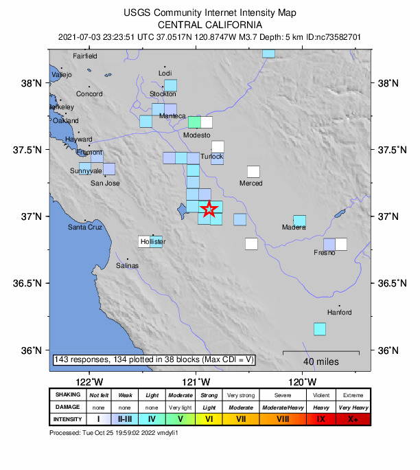 USGS DYFI community-reported intensity map for the M3.7 earthquake near 2km WSW of Los Banos, CA