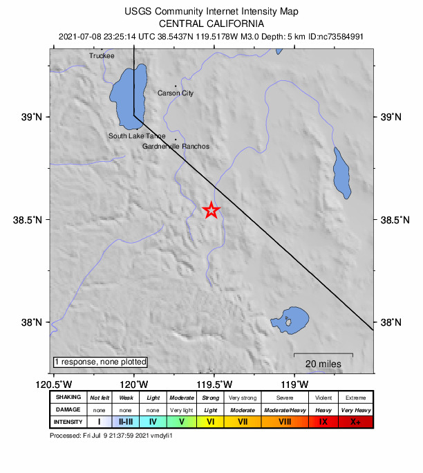 USGS DYFI community-reported intensity map for the M3.0 earthquake near 29km ESE of Markleeville, CA