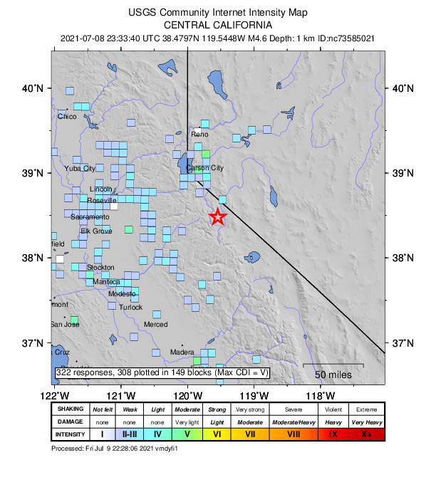 USGS DYFI community-reported intensity map for the M4.6 earthquake near 29km ENE of Dardanelle, CA