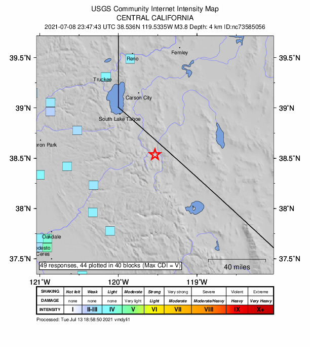 USGS DYFI community-reported intensity map for the M3.8 earthquake near 28km SE of Markleeville, CA