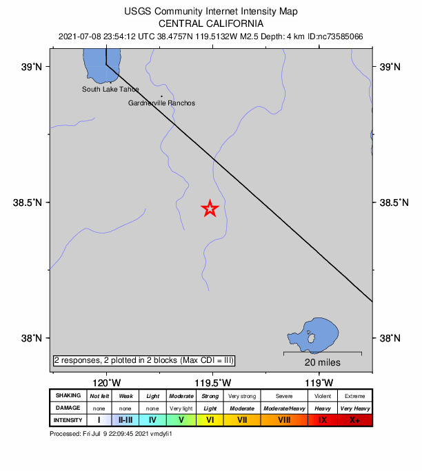 USGS DYFI community-reported intensity map for the M2.5 earthquake near 32km ENE of Dardanelle, CA