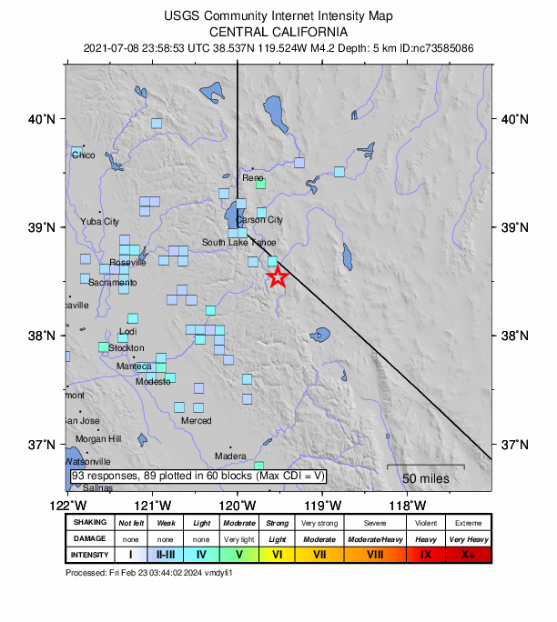 USGS DYFI community-reported intensity map for the M4.2 earthquake near 29km SE of Markleeville, CA