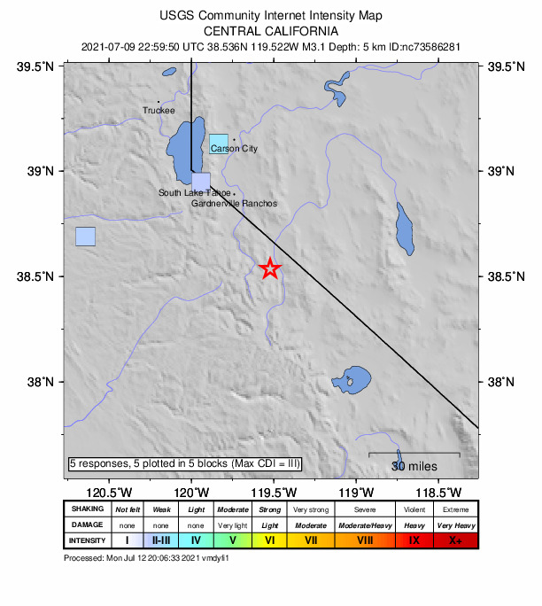 USGS DYFI community-reported intensity map for the M3.1 earthquake near 29km SE of Markleeville, CA