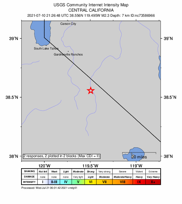 USGS DYFI community-reported intensity map for the M2.3 earthquake near 28km SSW of Smith Valley, NV