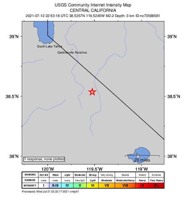 USGS DYFI community-reported intensity map for the M2.2 earthquake near 29km SE of Markleeville, CA