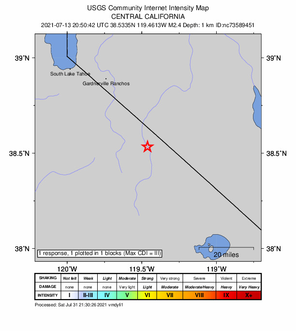 USGS DYFI community-reported intensity map for the M2.4 earthquake near 30km SSW of Smith Valley, NV
