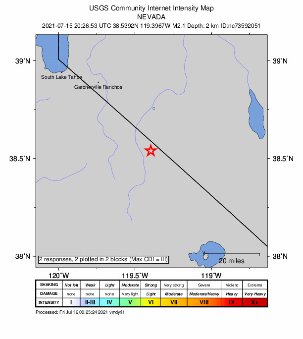 USGS DYFI community-reported intensity map for the M2.2 earthquake near 28km S of Smith Valley, NV