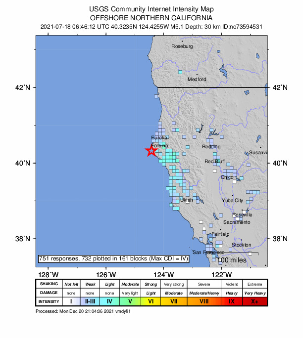 USGS DYFI community-reported intensity map for the M5.1 earthquake near 12km W of Petrolia, CA