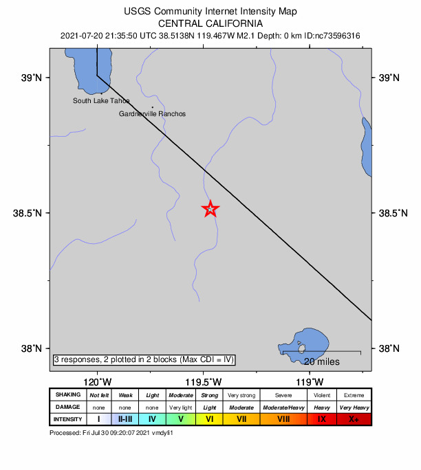 USGS DYFI community-reported intensity map for the M2.1 earthquake near 32km SSW of Smith Valley, NV