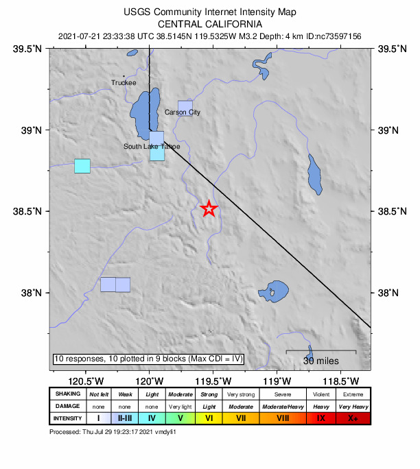USGS DYFI community-reported intensity map for the M3.2 earthquake near 30km SE of Markleeville, CA