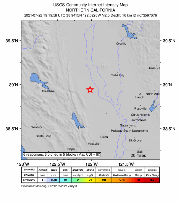 USGS DYFI community-reported intensity map for the M2.5 earthquake near 8km NW of Dunnigan, CA