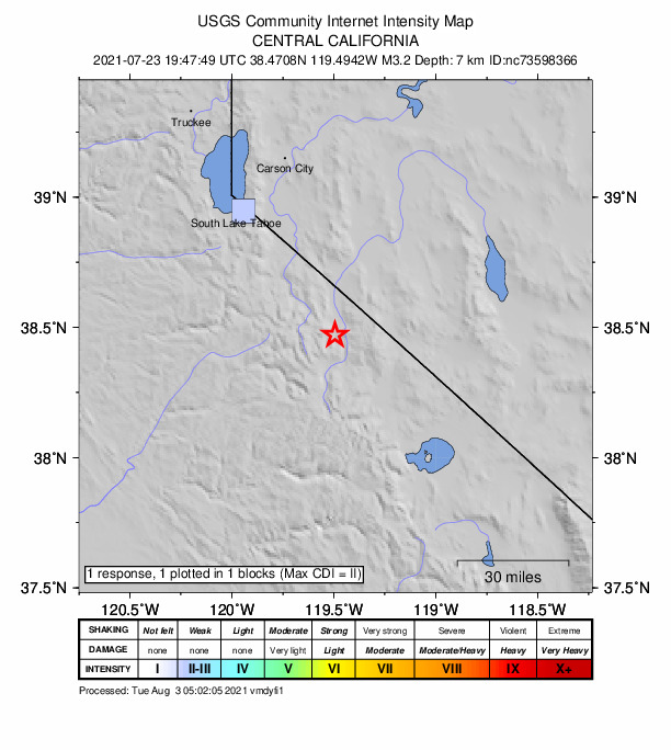 USGS DYFI community-reported intensity map for the M3.2 earthquake near 33km ENE of Dardanelle, CA
