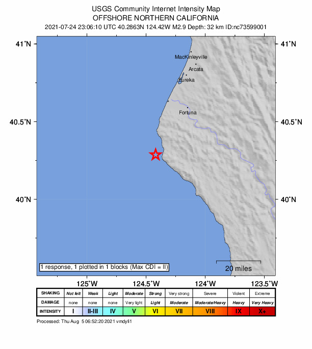 USGS DYFI community-reported intensity map for the M2.9 earthquake near 12km WSW of Petrolia, CA