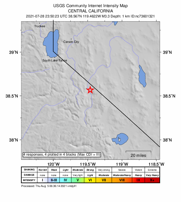 USGS DYFI community-reported intensity map for the M3.3 earthquake near 26km SSW of Smith Valley, NV